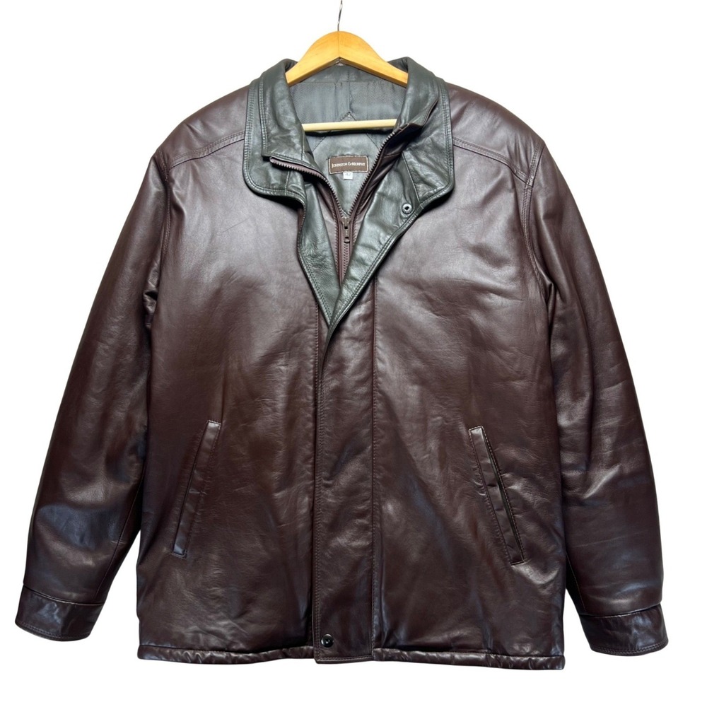 Johnston & Murphy Brown Leather Jacket Thermolite Insulated Mens 42 Olive Collar